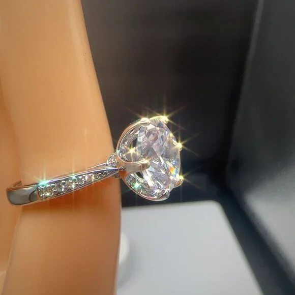 Round Cut Simulated Diamond Engagement Ring With Pave Band In Silver Tone 1 Ct - Picture 6 of 10